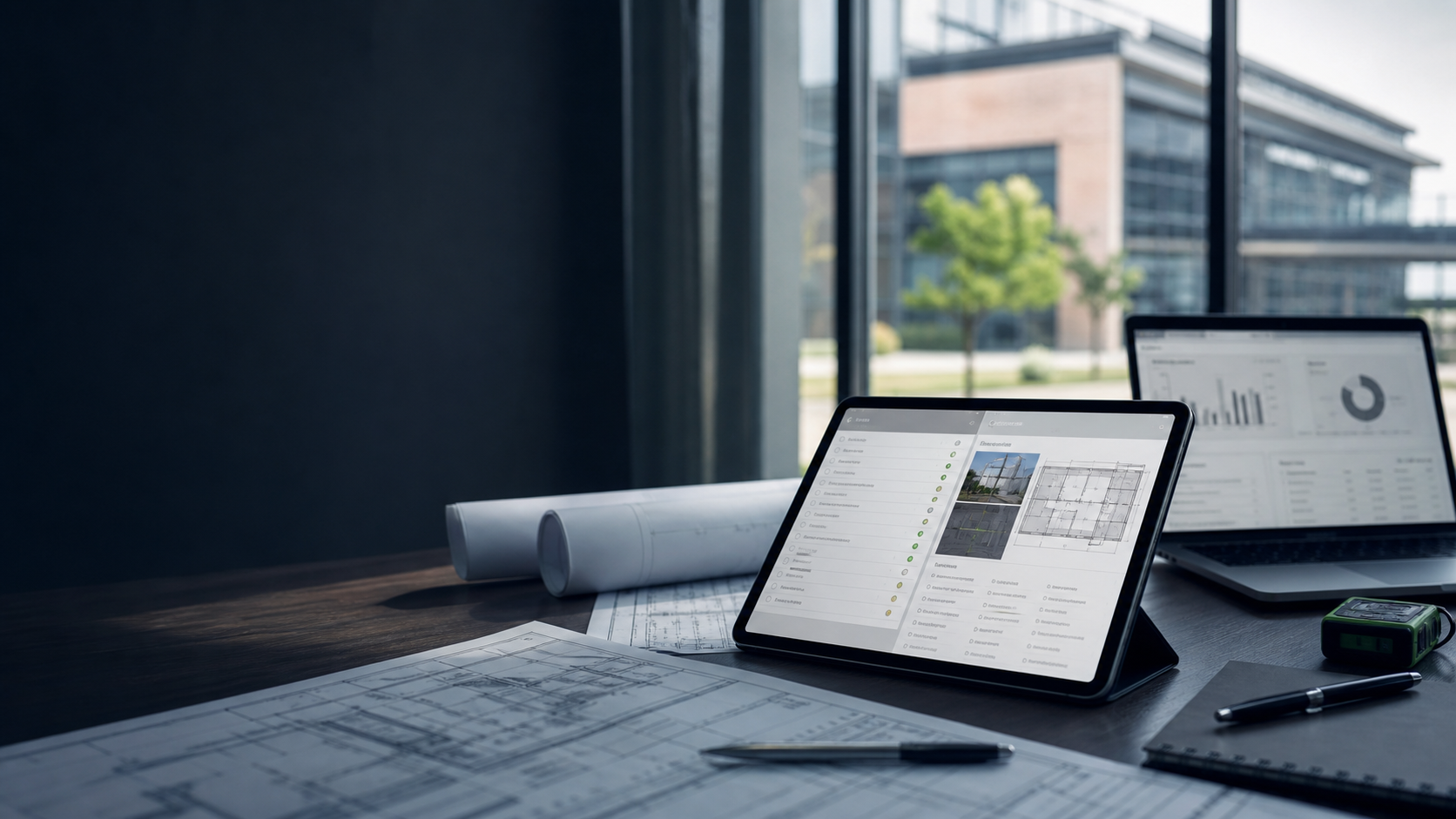 Organized property claims documents, plans, and digital assessment tools on a professional desk.